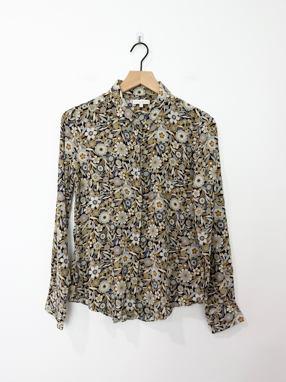 Ann Mashburn 100% Silk Button Down Blouse Retro Floral Print Size Medium